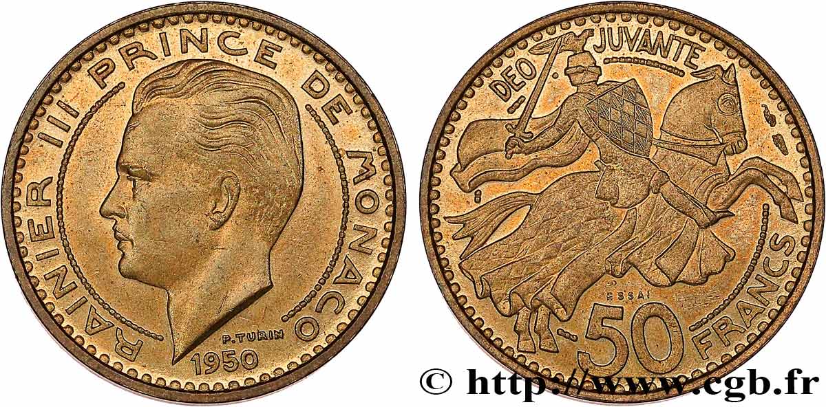 MONACO Essai de 50 Francs prince Rainier III 1950 Paris EBC 