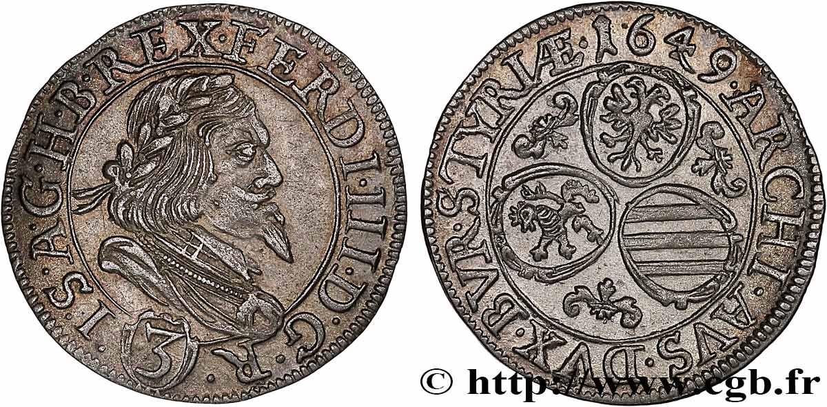 ÖSTERREICH - FERDINAND III. 3 Kreuzer 1649 Graz fVZ 
