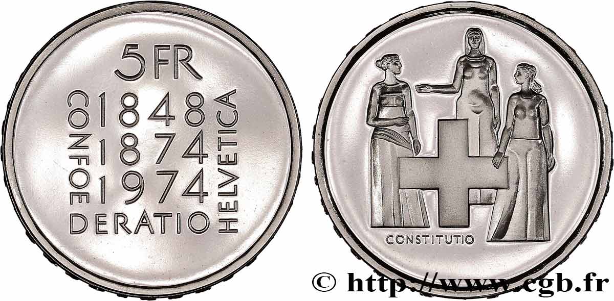 SWITZERLAND 5 Francs Proof centenaire de la révision de la constitution 1974 Berne - B MS 