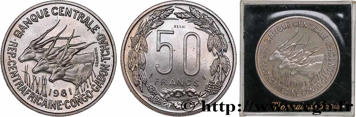 ÉTATS DE L AFRIQUE ÉQUATORIALE Essai de 50 Francs antilopes 1961  SPL 