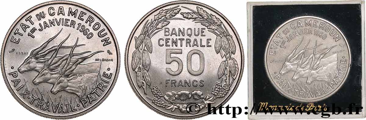 KAMERUN Essai de 50 Francs Etat du Cameroun, commémoration de l’indépendance, antilopes 1960 Paris fST 