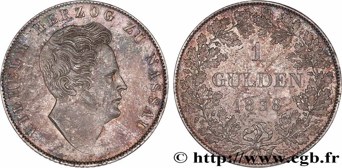 GERMANY - DUCHY OF NASSAU - WILLIAM 1 Gulden  1838 Wiesbaden AU 