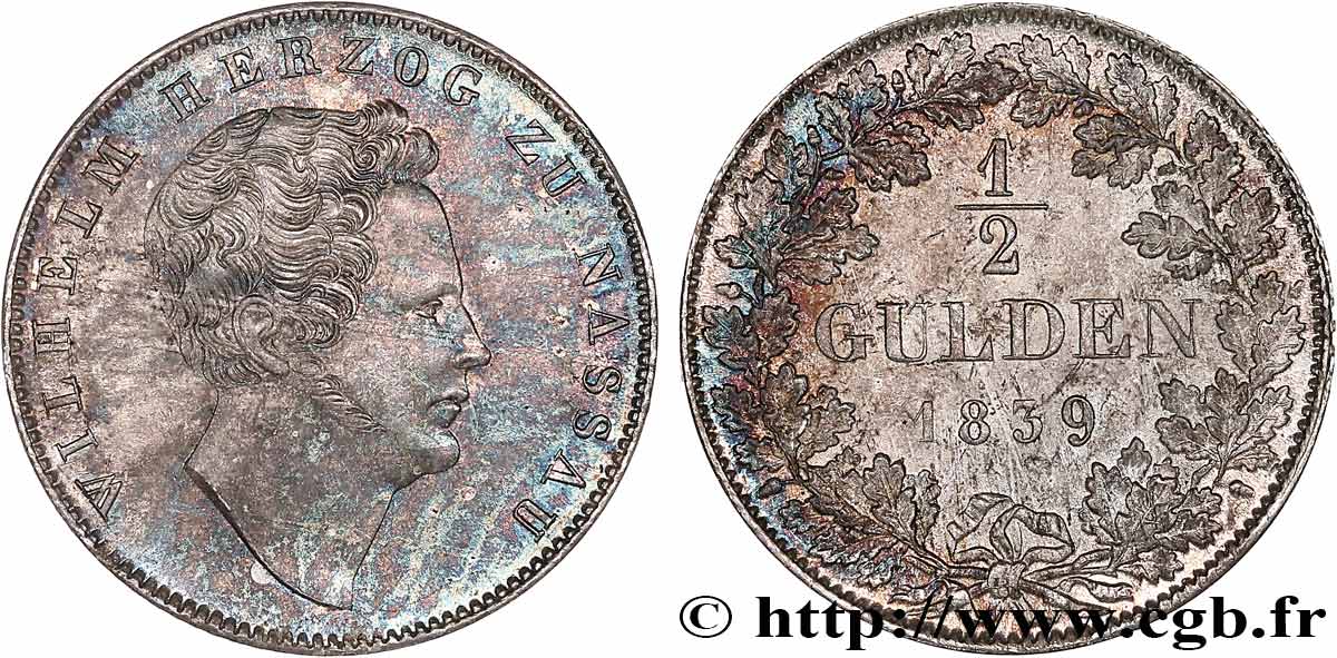 ALLEMAGNE - DUCHÉ DE NASSAU - GUILLAUME 1/2 Gulden  1839 Wiesbaden VZ+ 