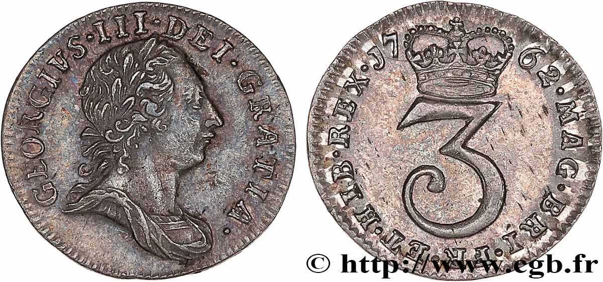 ROYAUME-UNI 3 Pence Georges III 1762  TTB+ 
