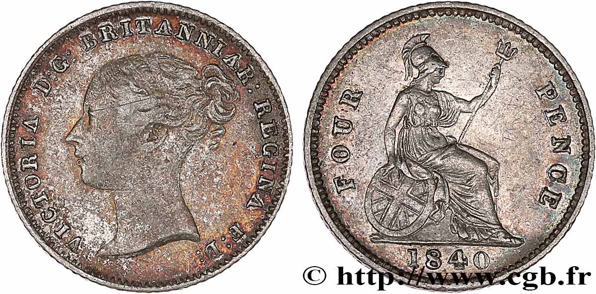 REINO UNIDO 4 Pence ou groat Victoria / Britannia assise 1840 Londres BC+ 