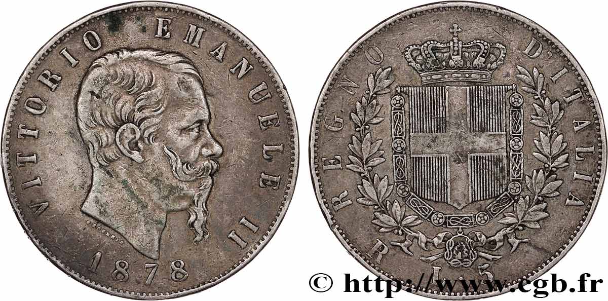 ITALIA 5 Lire Victor Emmanuel II 1878 Rome MBC 