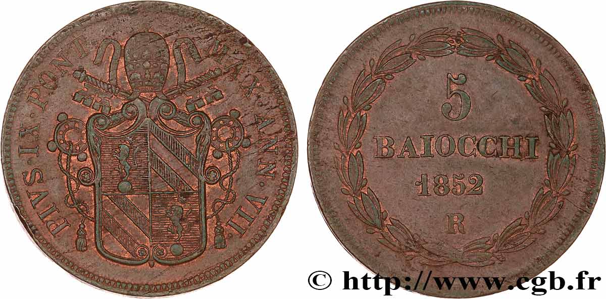 ITALY - PAPAL STATES - PIUS IX (Giovanni Maria Mastai Ferretti) 5 Baiocchi an VII 1852 Rome AU 
