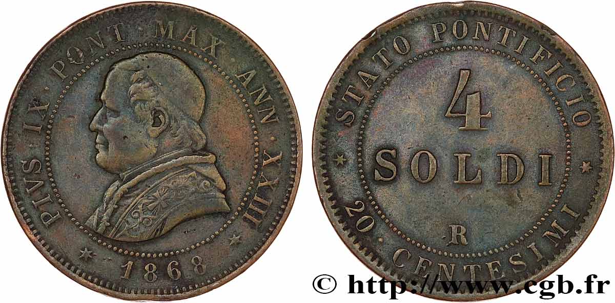 VATICAN AND PAPAL STATES 4 Soldi (20 Centesimi) 1868 Rome VF 