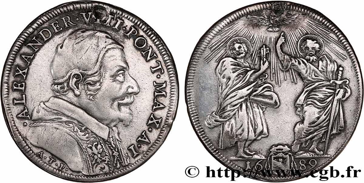 ITALIE - ÉTATS DU PAPE - ALEXANDRE VIII (Pietro Vito Ottoboni) Teston an I 1689 Rome TTB+ 