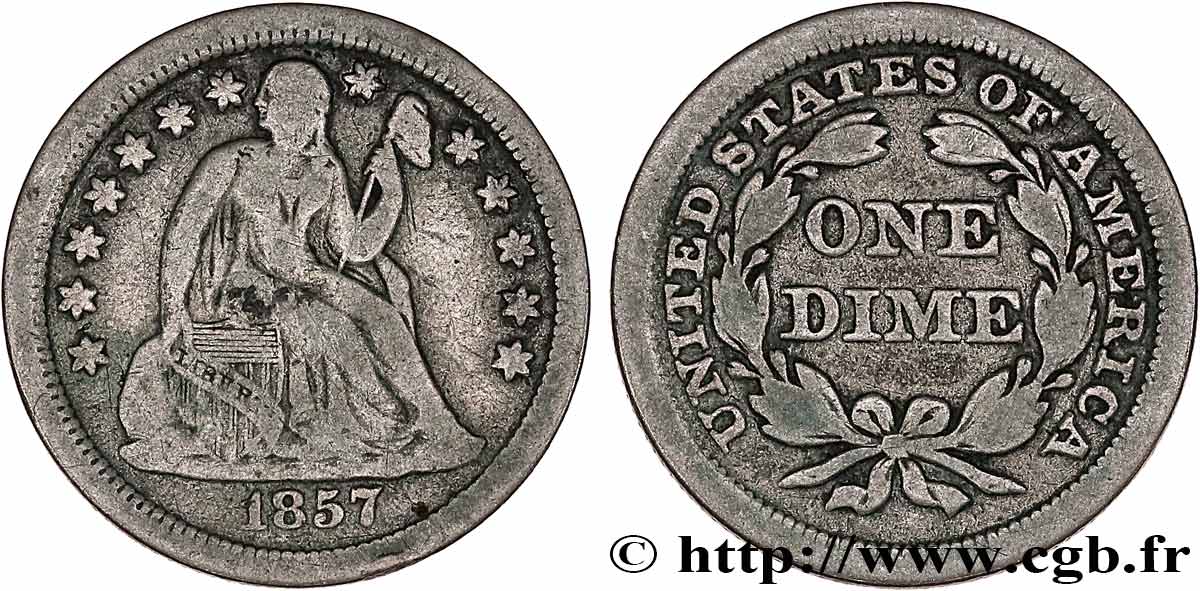 ÉTATS-UNIS D AMÉRIQUE 1 Dime (10 Cents) Liberté assise 1857 Philadelphie TB 