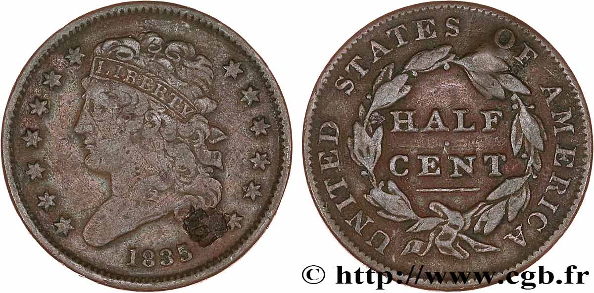 UNITED STATES OF AMERICA 1/2 Cent ‘Classic Head’ 1835 Philadelphie VF 