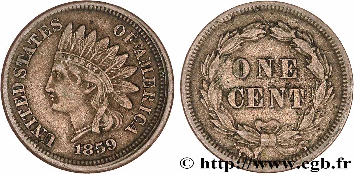 UNITED STATES OF AMERICA 1 Cent tête d’indien 1859 Philadelphie VF 