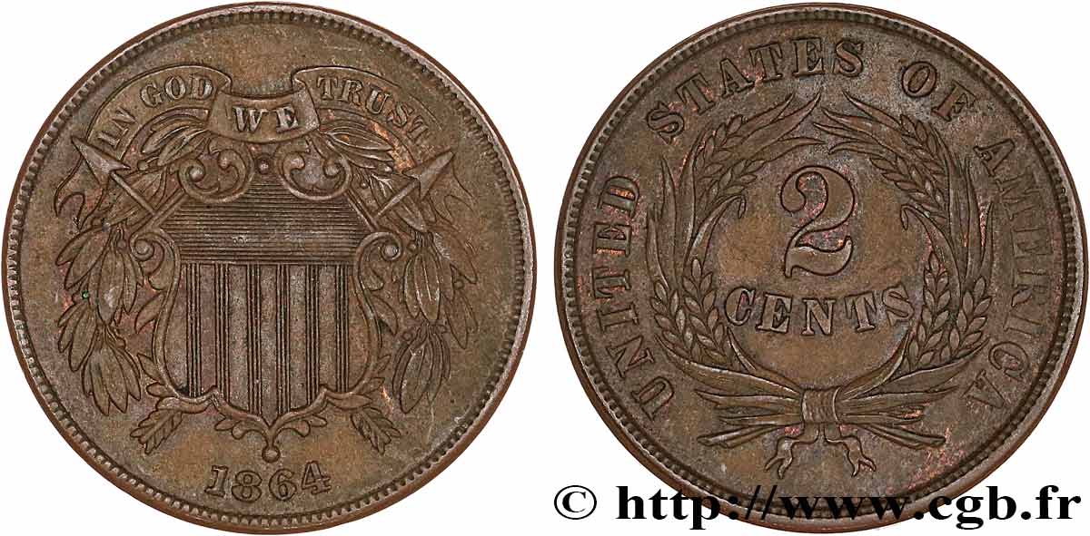 UNITED STATES OF AMERICA 2 Cents - Union Shield 1864 Philadelphie XF 