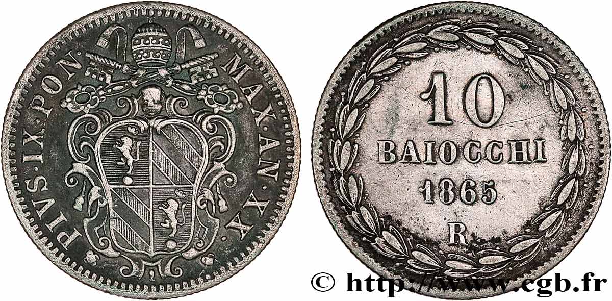 VATICAN AND PAPAL STATES 10 Baiocchi au nom de Pie IX an XX 1865 Rome XF 