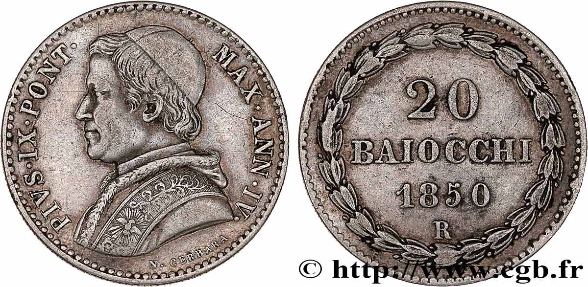 VATICAN AND PAPAL STATES 20 Baiocchi Pie IX an IV 1850 Rome XF 