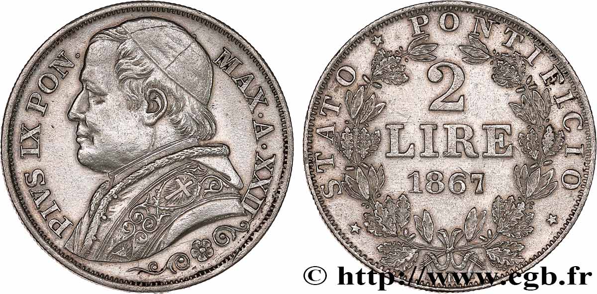 VATICAN AND PAPAL STATES 2 Lire Pie IX an XXII 1867 Rome XF 