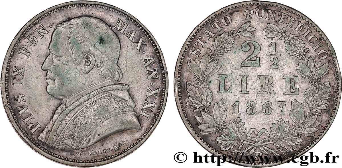 VATICAN AND PAPAL STATES 2 1/2 Lire Pie IX an XXI 1867 Rome XF 