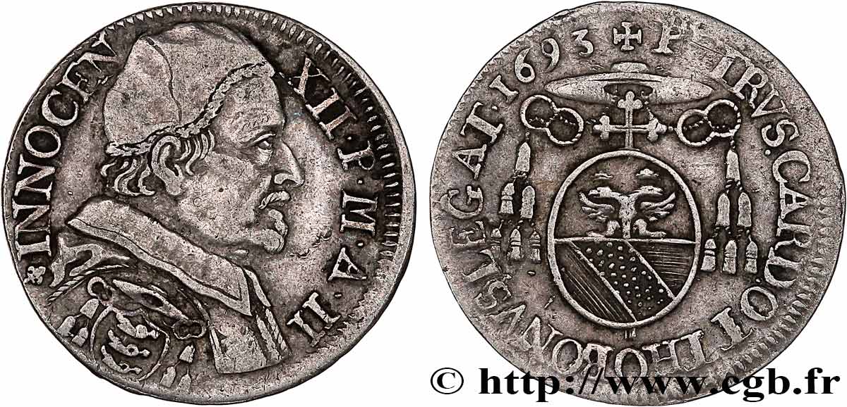ITALY - PAPAL STATES - INNOCENT XII (Antonio Pignatelli) 1/12 d’écu an II 1693 Avignon XF 