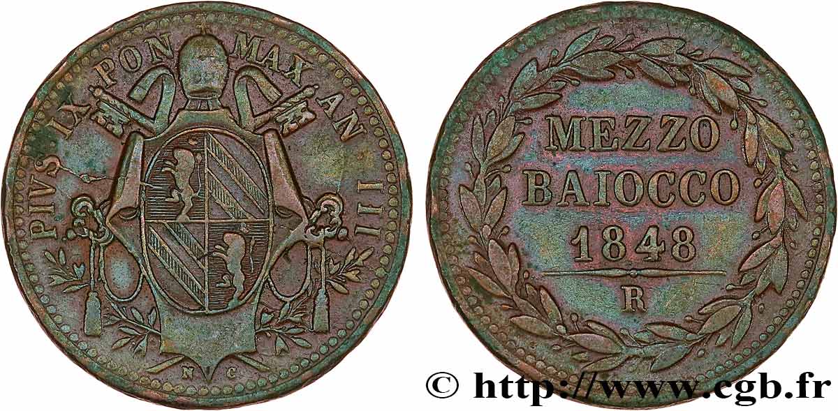 VATICAN AND PAPAL STATES 1/2 Baiocco Pie IX an IV 1848 Rome XF 