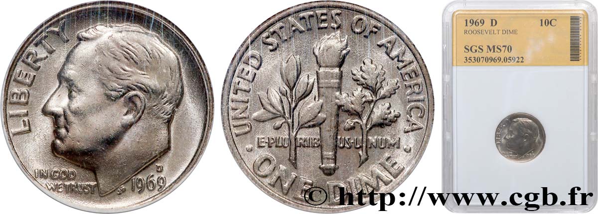 ÉTATS-UNIS D AMÉRIQUE 1 Dime (10 Cents) Proof Roosevelt 1969 Philadelphie FDC70 autre