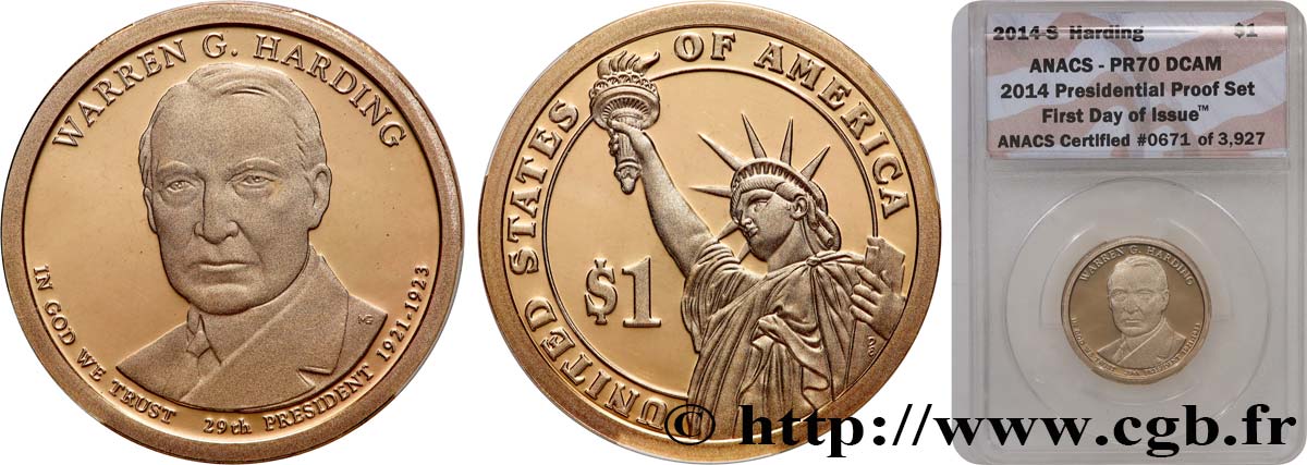 UNITED STATES OF AMERICA 1 Dollar Warren G. Harding - Proof 2014 San Francisco MS70 ANACS
