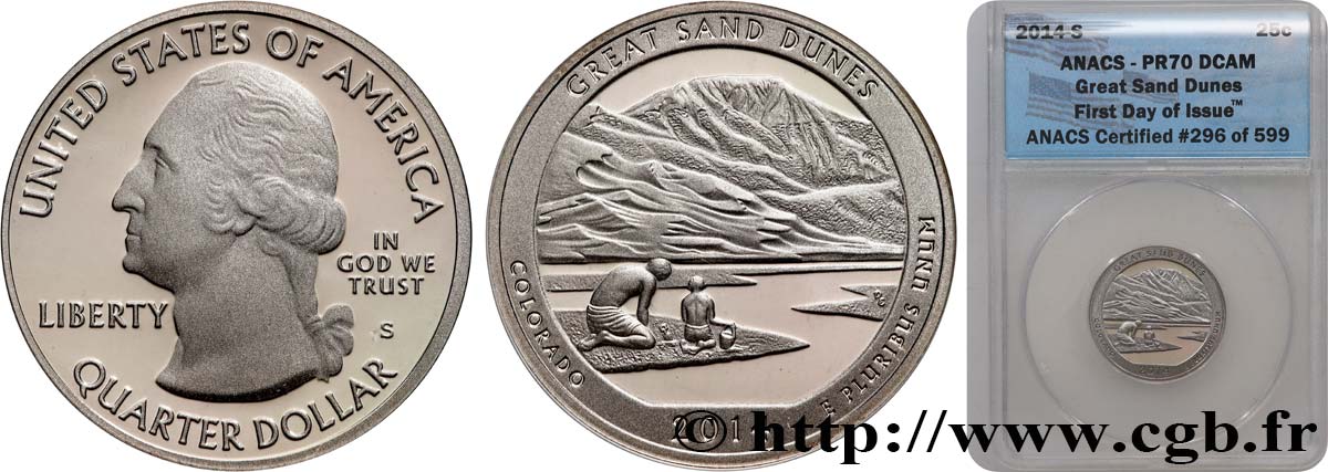 VEREINIGTE STAATEN VON AMERIKA 1/4 Dollar Parc national de Great Sand Dunes - Colorado - Silver Proof 2014 San Francisco ST70 ANACS