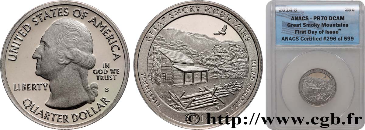 ÉTATS-UNIS D AMÉRIQUE 1/4 Dollar Parc national des Great Smoky Mountains - Tennessee - Silver Proof 2014 San Francisco FDC70 ANACS