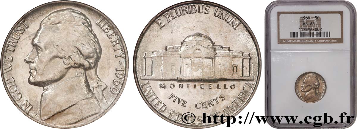 ESTADOS UNIDOS DE AMÉRICA 5 Cents Président Thomas Jefferson 1960 Philadelphie FDC65 NGC