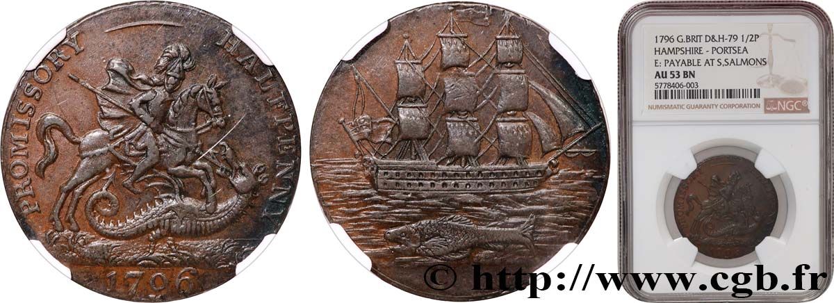 GETTONI BRITANICI 1/2 Penny Portsea (Hampshire) 1796  BB53 NGC