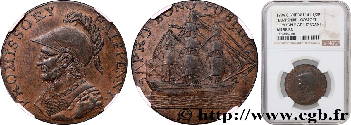 BRITISH TOKENS OR JETTONS 1/2 Penny Gosport (Hampshire) Sir Bevis 1794  AU58 NGC