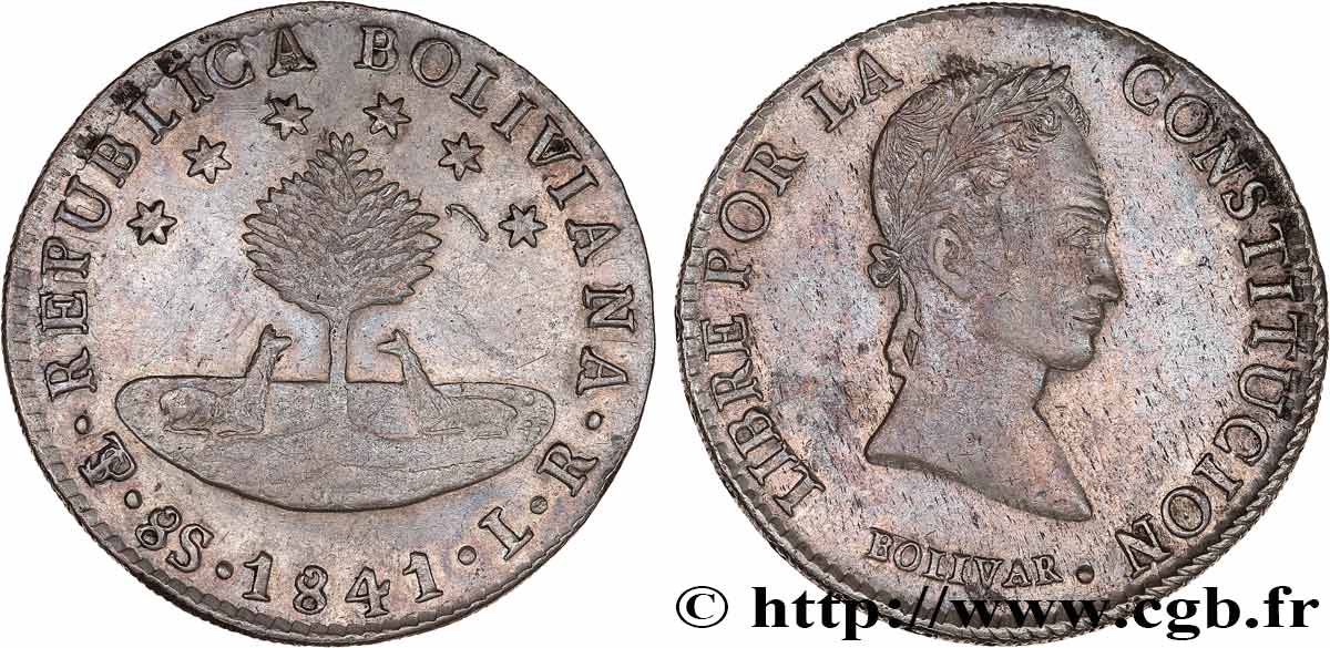 BOLIVIA 8 Soles Simon Bolivar 1841 Potosi XF 