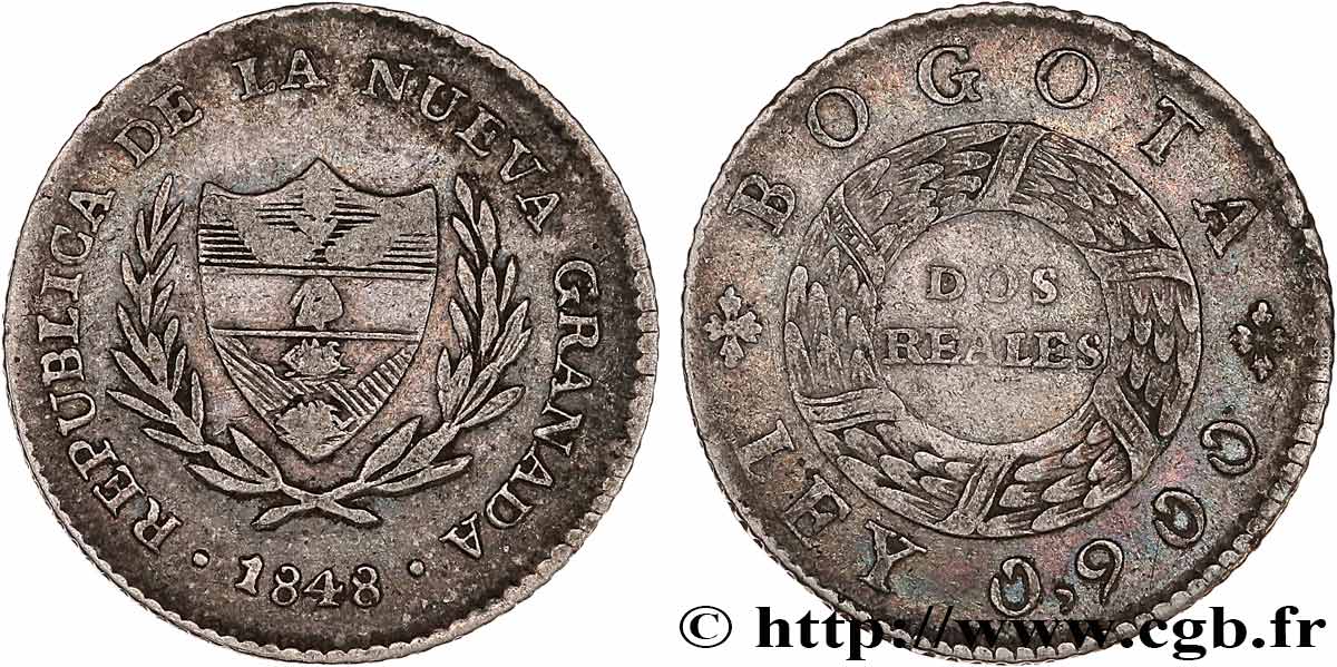 COLOMBIA - REPÚBLICA DE LA NUEVA GRANADA 2 Reales 1848 Bogota MBC 