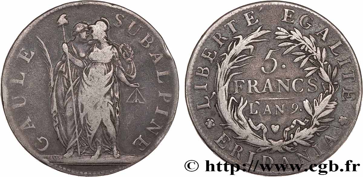 ITALIA - GALLIA SUBALPINA 5 Francs an 9 1801 Turin BC+ 