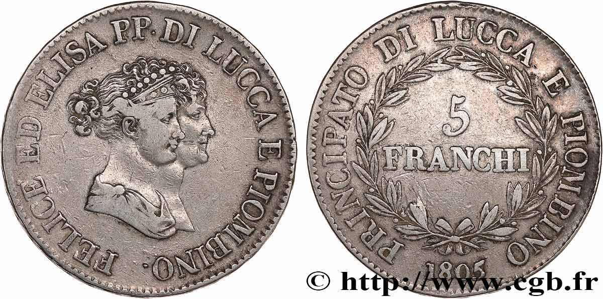 ITALIA - PRINCIPADO DE LUCCA Y PIOMBINO - FELICE BACCIOCHI Y ELISA BONAPARTE 5 Franchi - moyens bustes 1805 Florence BC+ 