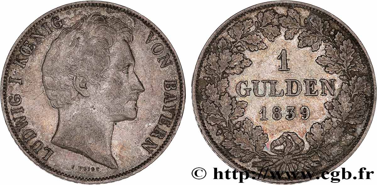 ALLEMAGNE - ROYAUME DE BAVIÈRE - LOUIS Ier 1 Gulden  1839 Münich TTB/TTB+ 