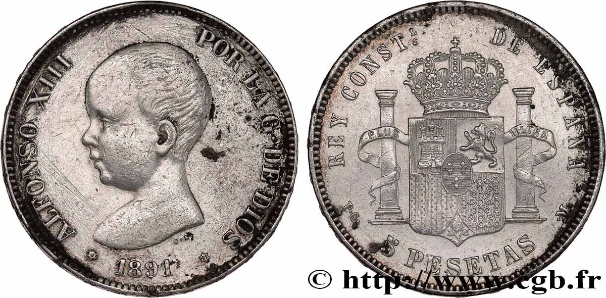 SPAGNA 5 Pesetas Alphonse XIII 1er type 1891 Madrid BB 