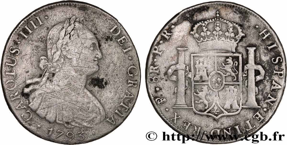 BOLIVIA 8 Reales Charles IV 1793 Potosi BC+ 