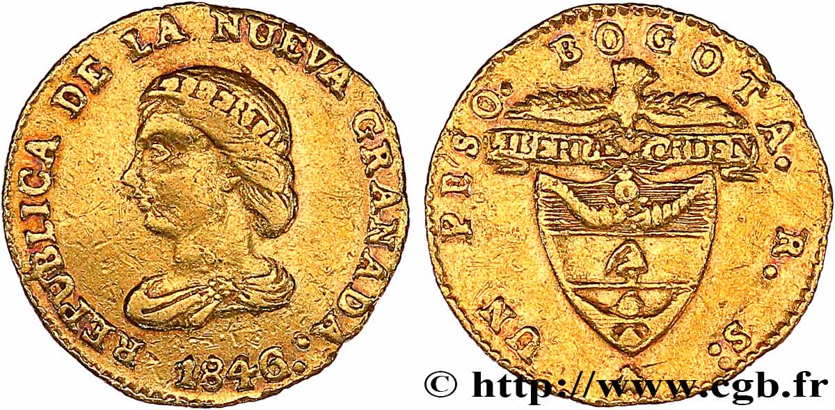 COLOMBIA - REPUBLIC OF NEW GRANADA 1 Peso en or 1846 Bogota XF 