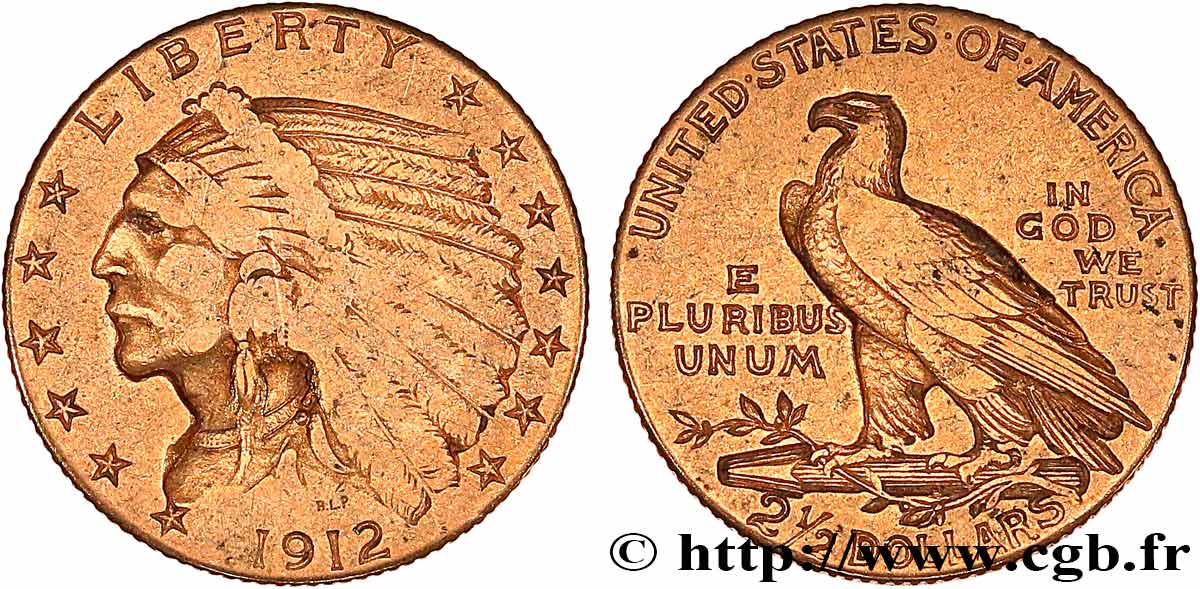STATI UNITI D AMERICA 2 1/2 Dollars  Indian Head  1912 Philadelphie BB 