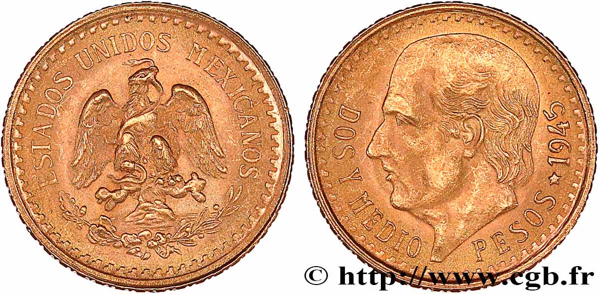 MEXICO 2 1/2 Pesos Miguel Hidalgo 1945 Mexico MS 