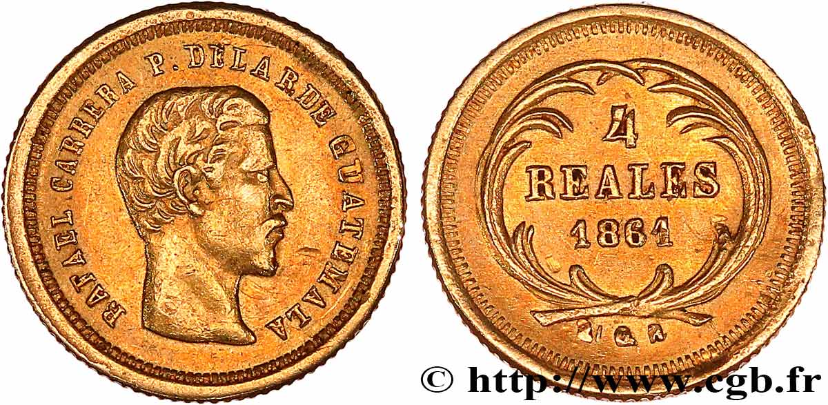 RÉPUBLIQUE DU GUATEMALA 4 Reales Rafael Carrera 1861 Guatemala city q.SPL 