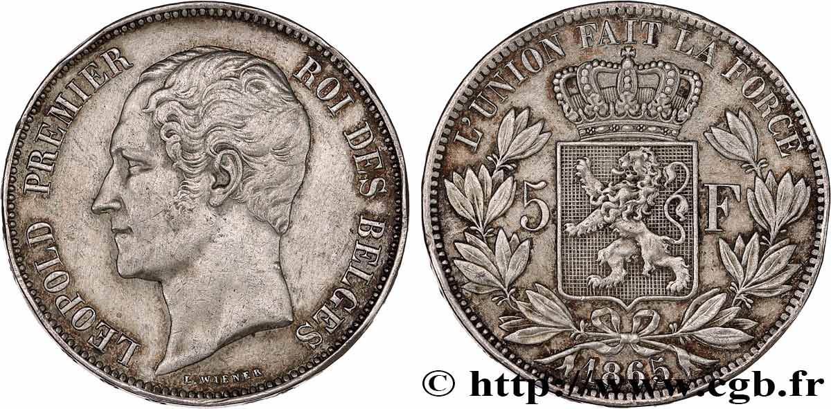 BELGIQUE 5 Francs Léopold Ier tête nue 1865  TTB+ 