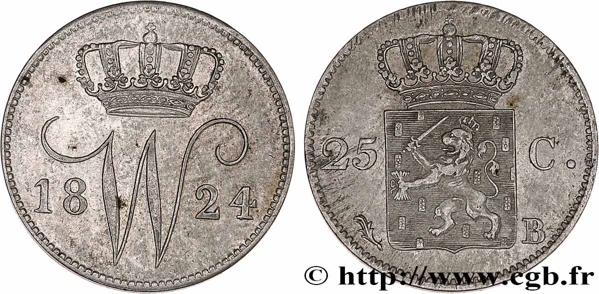 PAíSES BAJOS 25 Cents monogramme Guillaume Ier 1824 Bruxelles MBC+ 