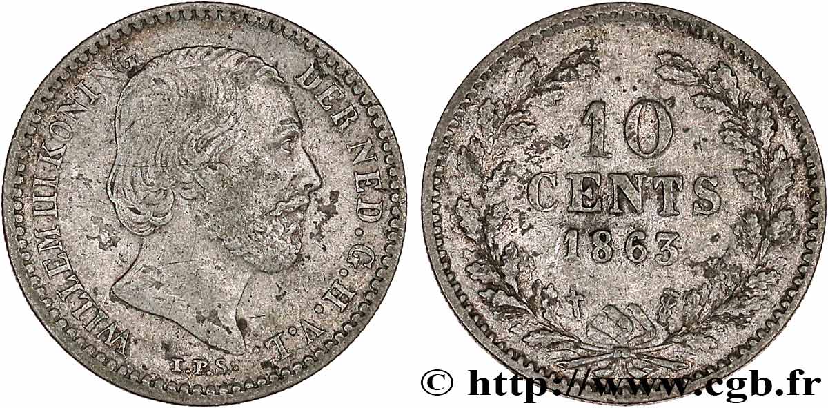 PAYS-BAS 10 Cents Guillaume III 1863 Utrecht TTB 