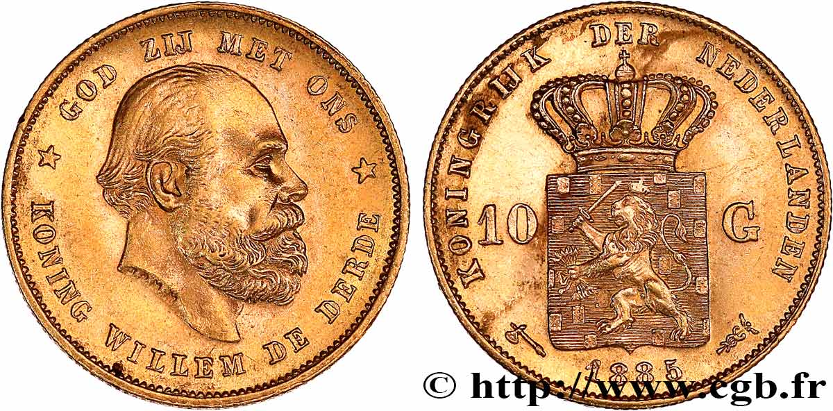 NETHERLANDS - KINGDOM OF THE NETHERLANDS - WILLIAM III 10 Gulden Guillaume III, 2e type 1885 Utrecht AU 
