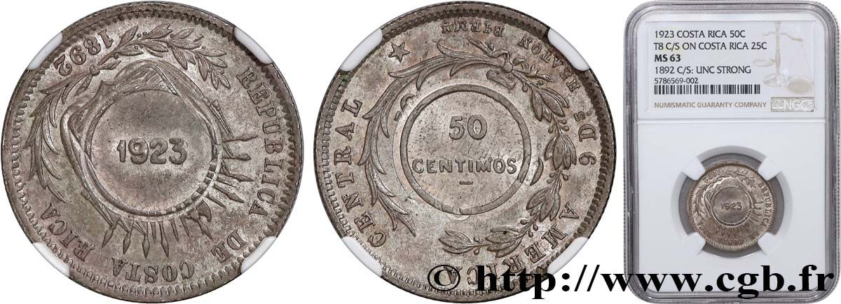 COSTA RICA 50 Centimos emblème surfrappe sur 25 Centavos 1892 1923 Heaton SC63 NGC