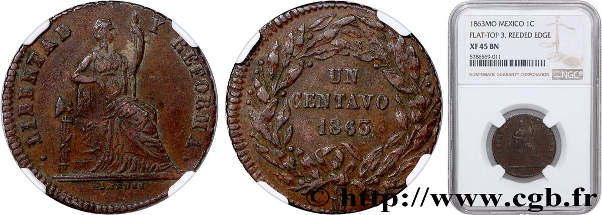 MEXICO 1 Centavo 1863 Mexico XF45 NGC
