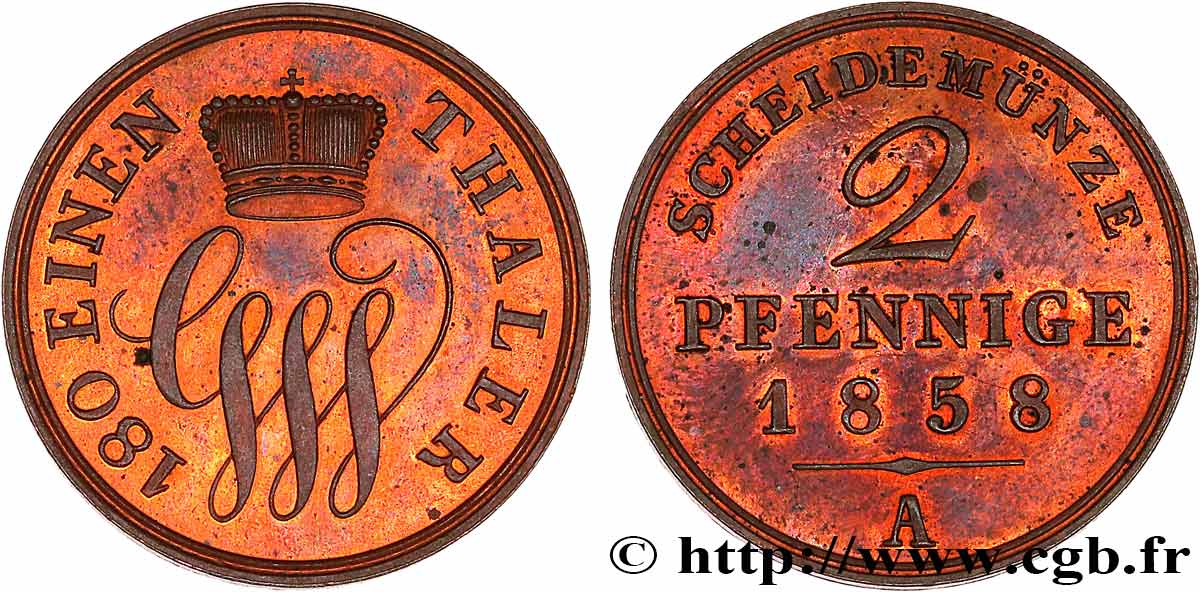 GERMANY - SCHAUMBURG-LIPPE- GEORGE-WILLIAM 2 Pfennig  1858 Berlin MS 