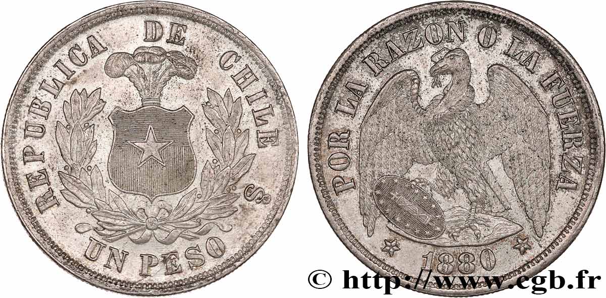 CHILE 1 Peso emblème / condor 1880 Santiago - S° AU 