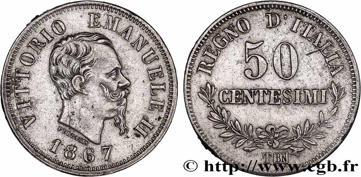 ITALIA - REINO DE ITALIA - VÍCTOR-MANUEL II 50 Centesimi 1867 Turin MBC+ 